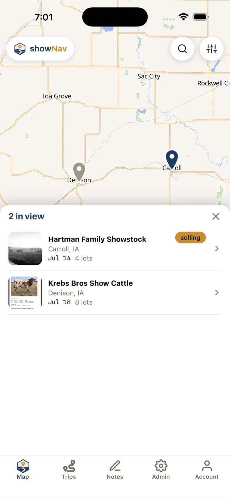 A ShowNav browse list reading '2 in view' with seller cards for Hartman Family Showstock and Krebs Bros Show Cattle — each showing a pasture photo, town, sale date, lot count, and a gold selling badge.
