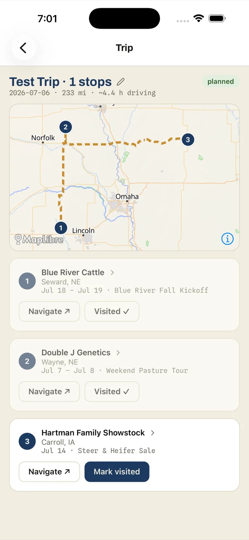 A ShowNav trip planner: a dashed gold optimized route across numbered stops labeled 'Test Trip · 233 mi · ~4.4h driving', with ordered stop cards offering Navigate and Visited.