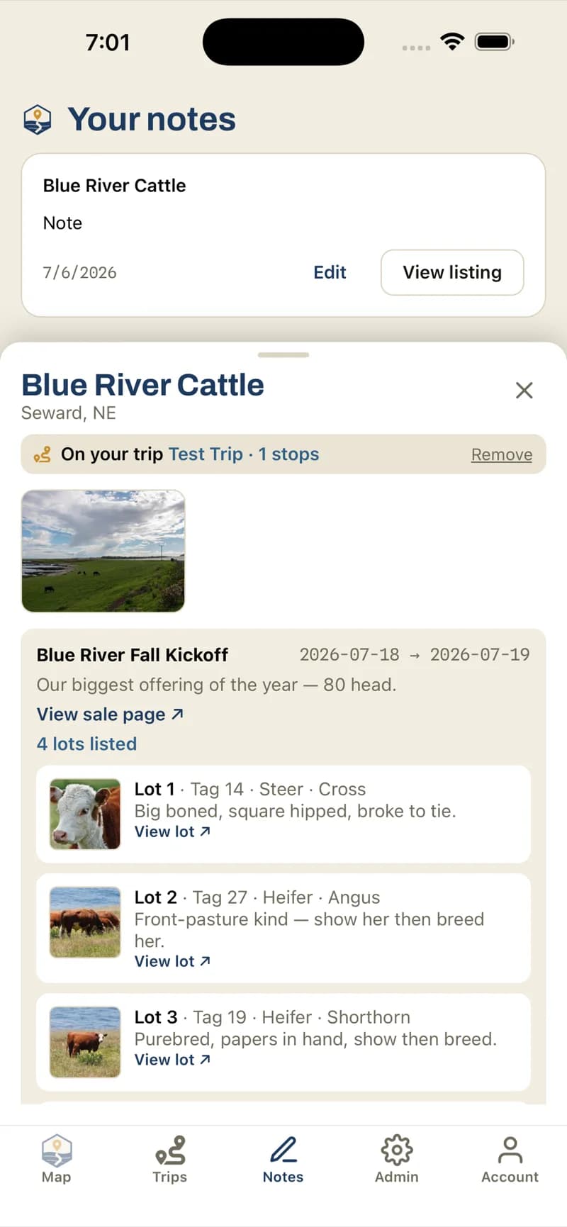 A ShowNav seller detail for Blue River Cattle showing a sale, 'Blue River Fall Kickoff — 80 head', and lot cards with calf photos, descriptions, and a private note.